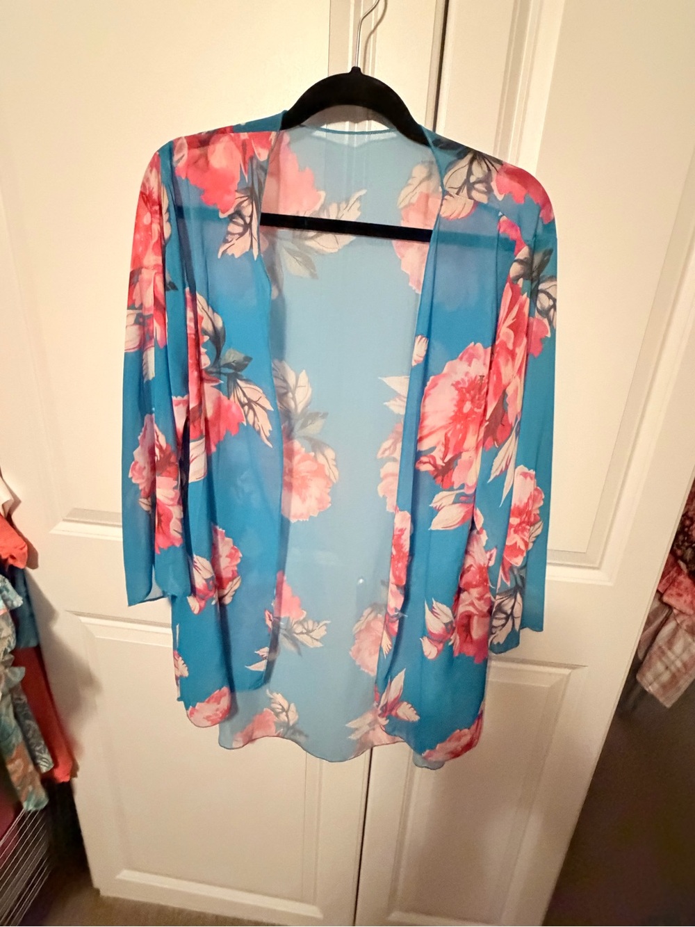 Floral Open-Front Sheer Kimono Cardigan - Blue/Pink